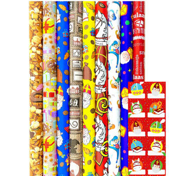 Sinterklaas Cadeaupapier - Assortiment Sinterklaaspapier Inpakpapier incl. 20 Naamstickers - 300 x 70 cm - 7 rollen