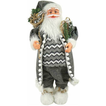 XL Luxe Kerst Decoratie Kerstman Staand Grijs-Wit - 70cm