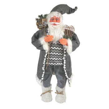 XXL Luxe Kerst Decoratie Kerstman Pop Staand Grijs-Wit - 100cm