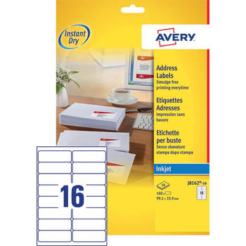 Avery J8162-10 adresetiketten ft 99,1 x 33,9 mm (b x h), 160 etiketten, wit 10 stuks
