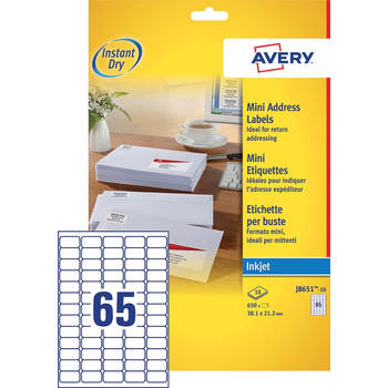 Avery J8651-10 mini etiketten ft 38,1 x 21,2 mm (b x h), 650 etiketten, wit 10 stuks