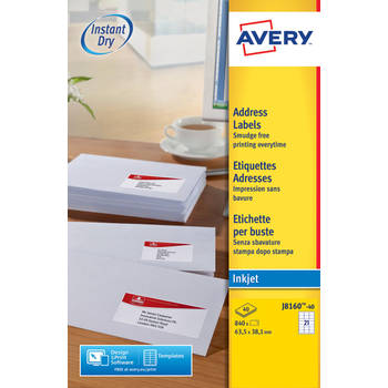 Avery J8160-40 adresetiketten ft 63,5 x 38,1 mm (b x h), 840 etiketten, wit 5 stuks