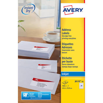 Avery Witte etiketten QuickDry doos van 40 blad, ft 63,5 x 33,9 mm (b x h), 960 stuks, 24 per blad 5 stuks