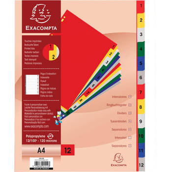 Exacompta tabbladen numeriek voor ft A4, uit PP 12/100e, 12 kleurtabs, met indexblad, wit
