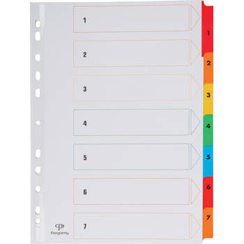 Pergamy tabbladen met indexblad, ft A4, 11-gaatsperforatie, geassorteerde kleuren, set 1-7 40 stuks