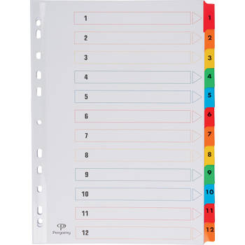 Pergamy tabbladen met indexblad, ft A4, 11-gaatsperforatie, geassorteerde kleuren, set 1-12