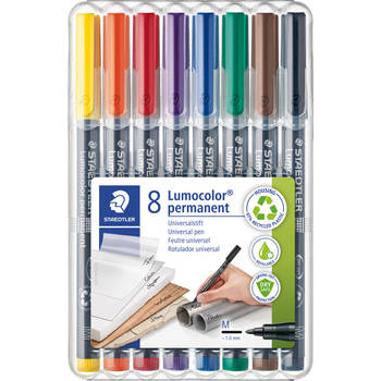 Staedtler Lumocoler 317, OHP-marker, permanent, 1,0 mm, etui van 8 stuks in geassorteerde kleuren