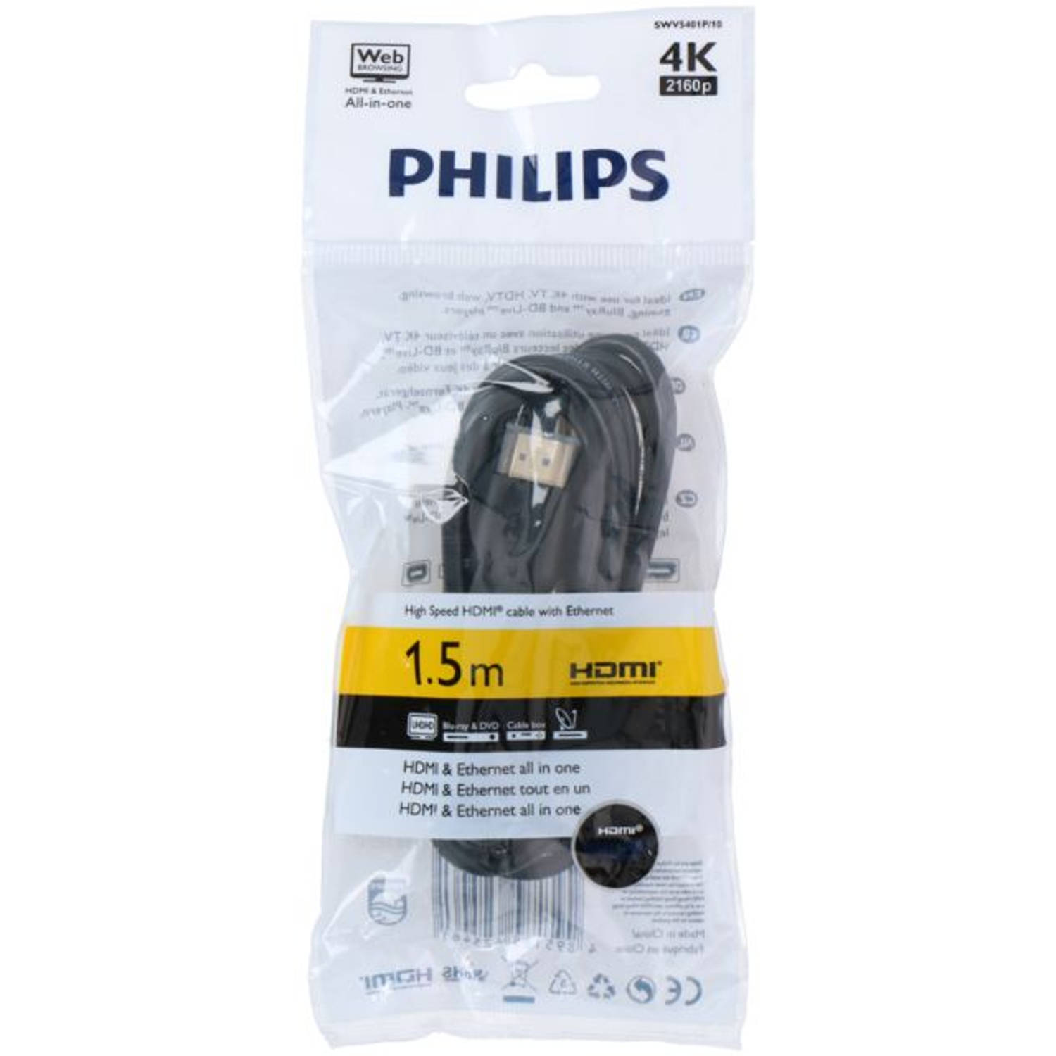 Philips HDMI Kabel met Ethernet SWV5401P-10 HDMI Kabel 4K 1.5 Meter Minimaal Signaalverlies PVC Zwar