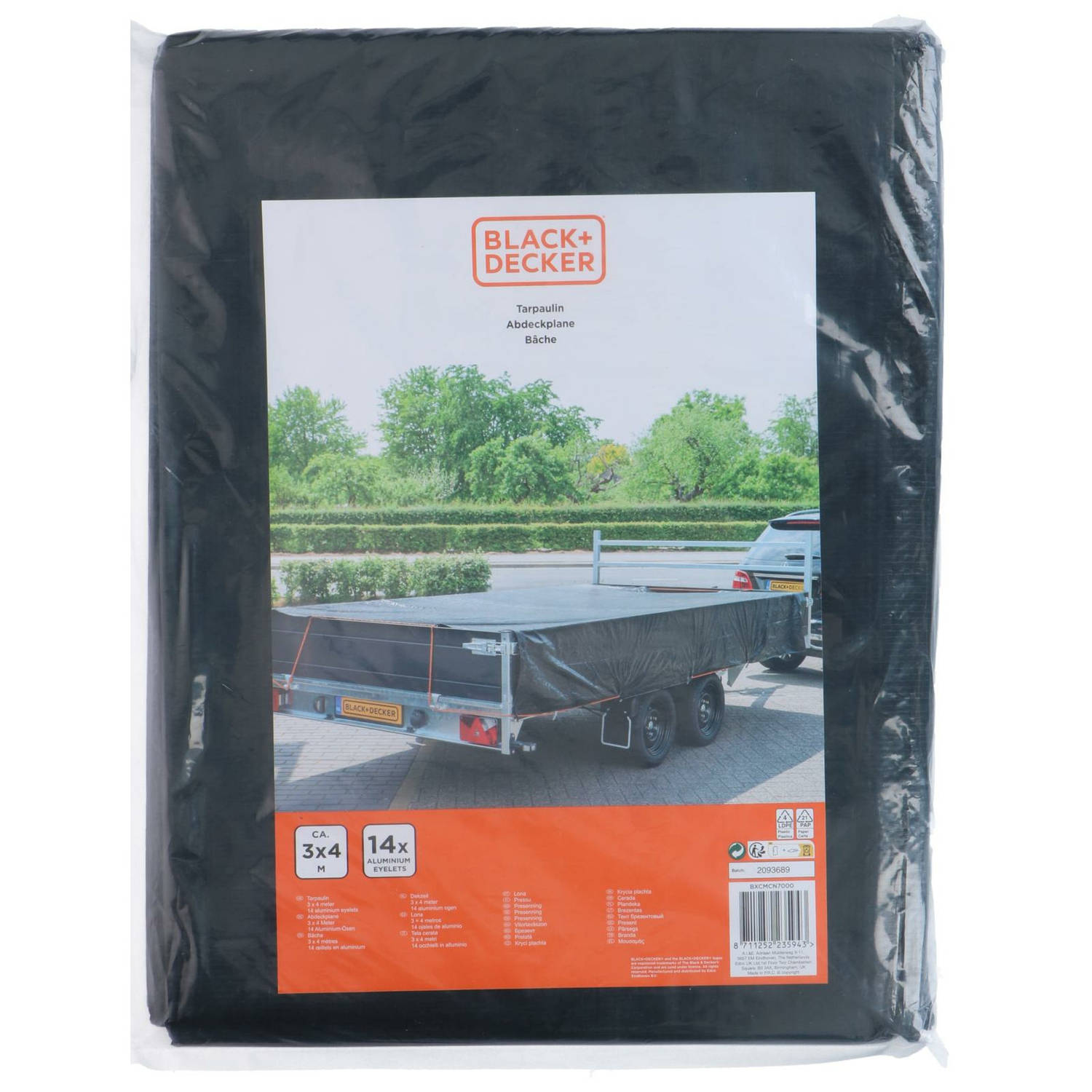 Black & Decker Afdekzeil/dekzeil voor aanhangers - zwart - waterdicht - kunststof 90 gr/m2 - 300 x 400 cm - Afdekzei