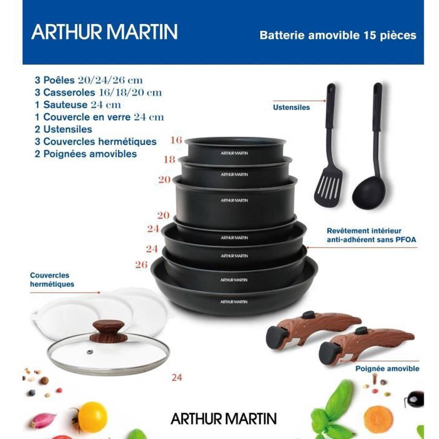 Arthur Martin AM1502 pannenset 2 afneembare houtkleurige handgreep 15-delig deksels en kookgerei