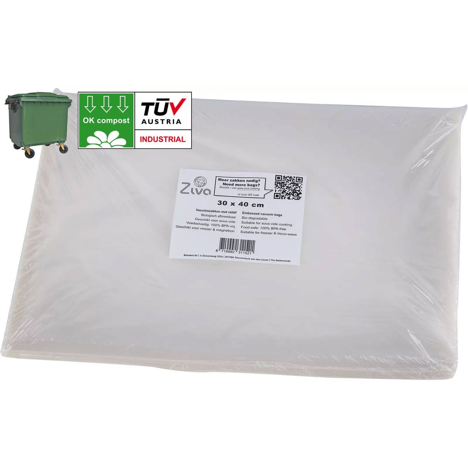 Ziva vacuümzakken met reliëf 30x40cm - geschikt voor groene container - OK Compost Industrial (EN 13432) - extra sterk 113 µm dik - geschikt voor sous-vide, vriezer en magnetron