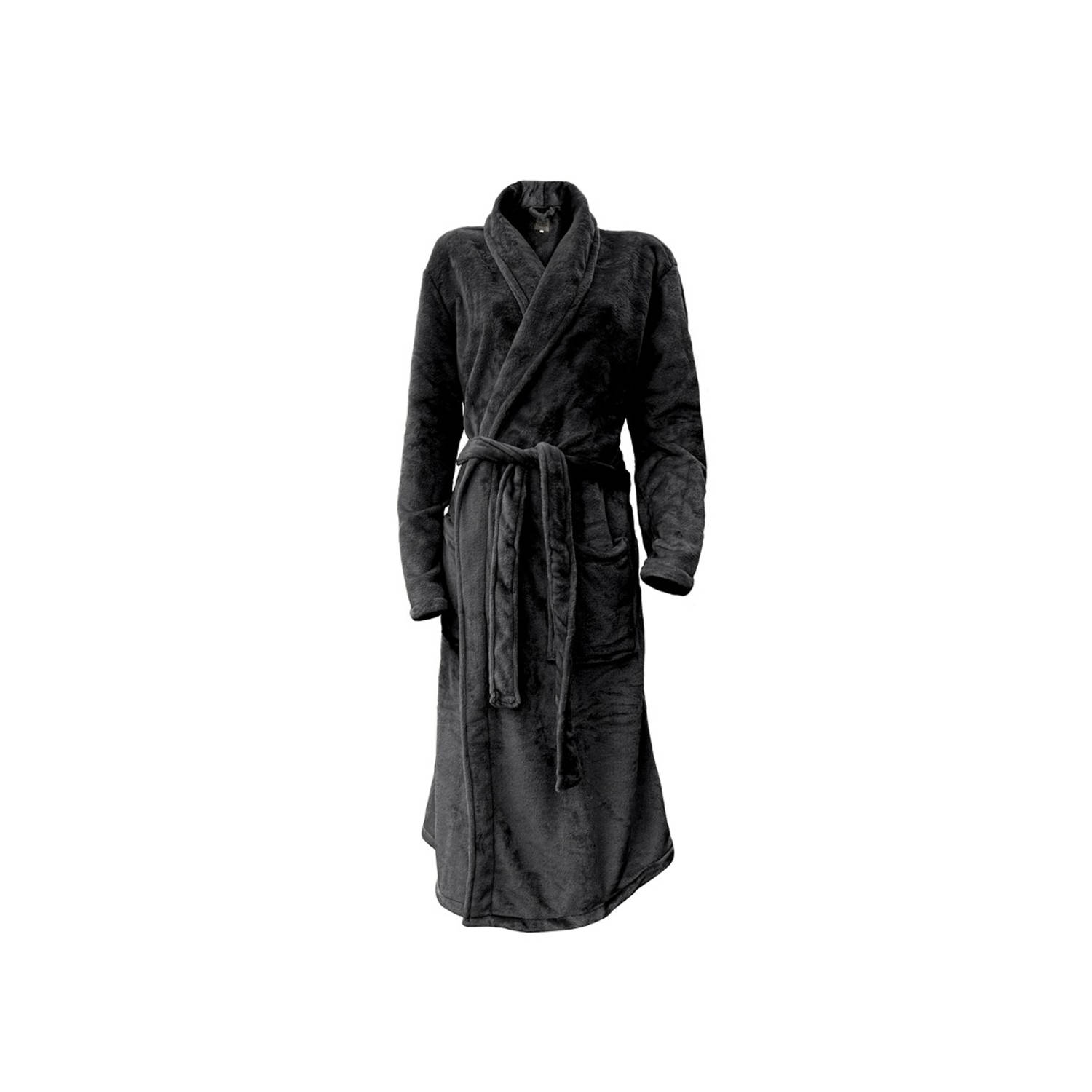 LINNICK Flanel Fleece Badjas Uni zwart XL