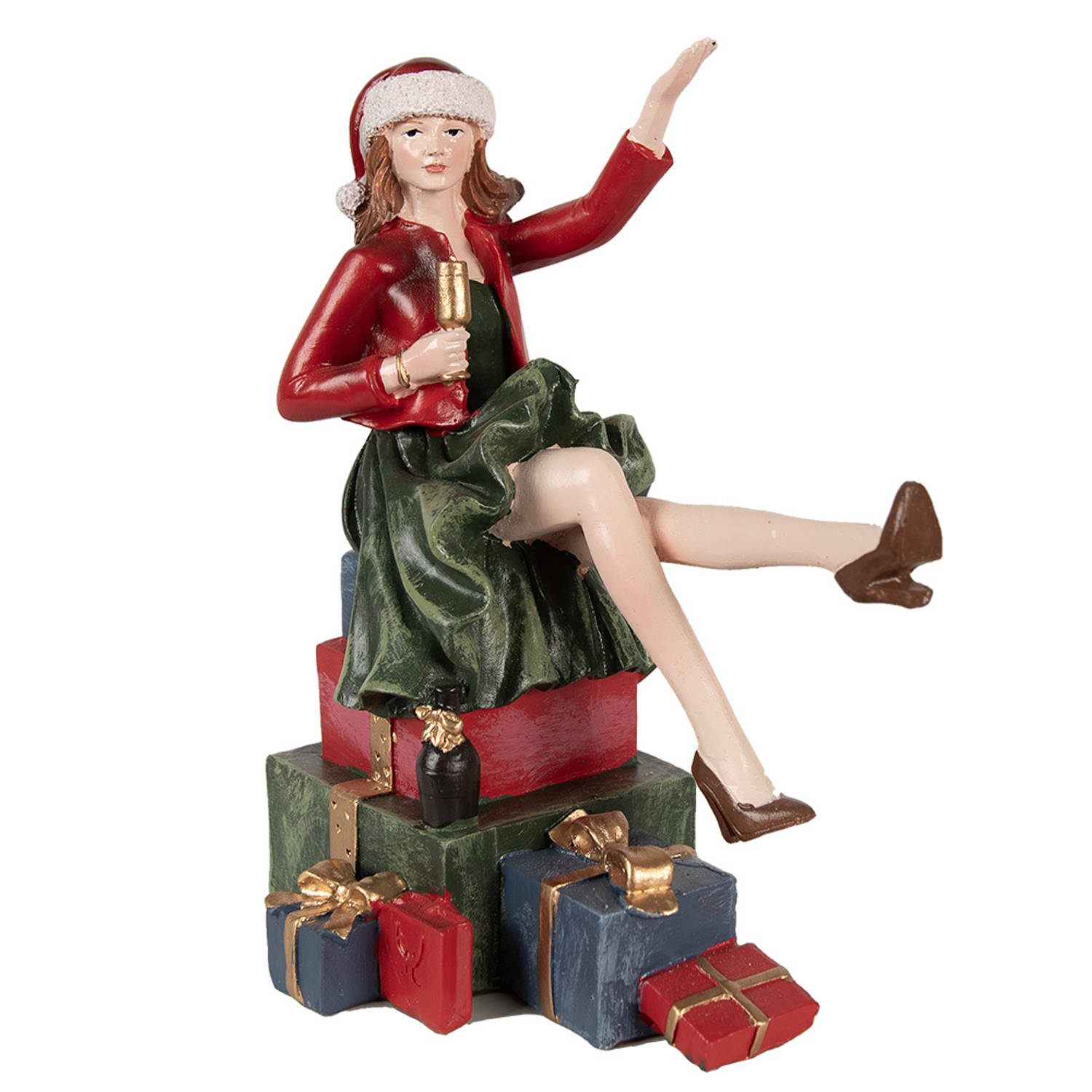 Clayre & Eef Kerstdecoratie Beeld Vrouw 18 cm Rood Polyresin Rood