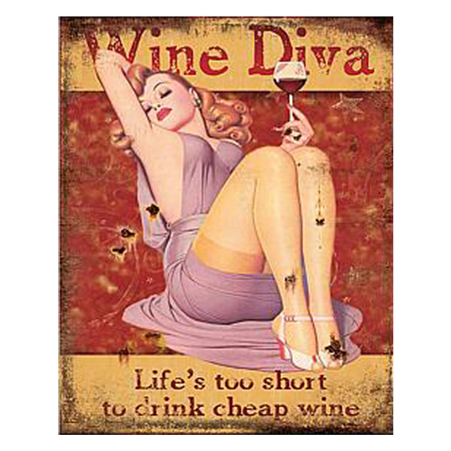 Clayre & Eef Tekstbord 20x25 cm Rood Beige Ijzer Rechthoek Wine Diva Wandbord Rood Wandbord