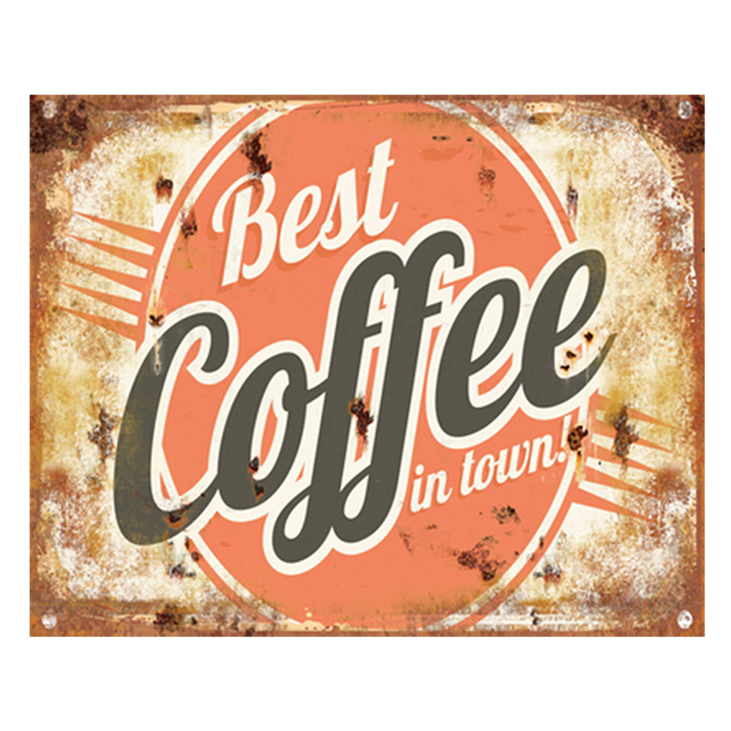Clayre & Eef Tekstbord 33x25 cm Oranje Ijzer Rechthoek Best Coffee in town Wandbord Oranje Wandbord