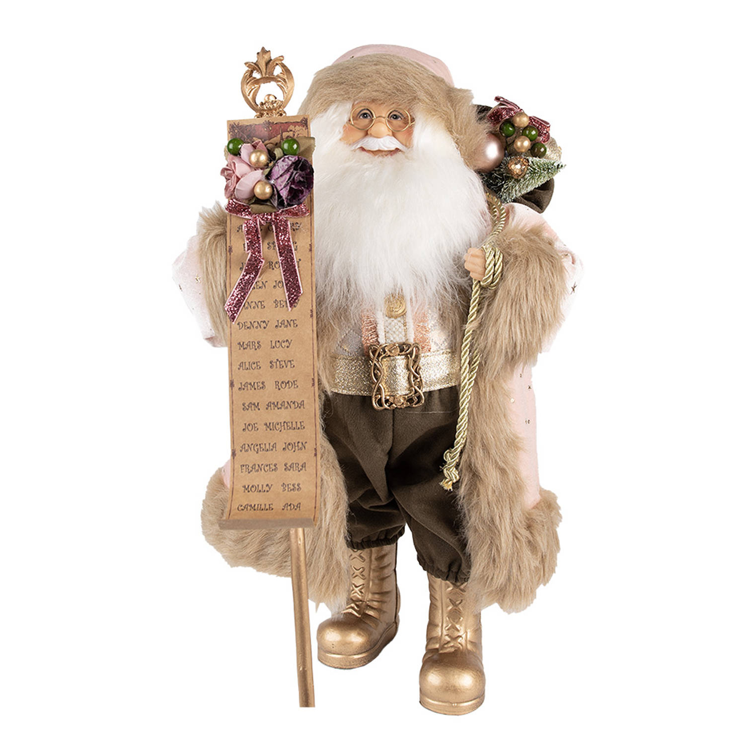 HAES DECO - Kerstman deco Figuur - Formaat 22x19x47 cm - Collectie: Traditional Santa - Kleur Roze - Materiaal Textiel op kunststof - Kerst Figuur, Kerstdecoratie