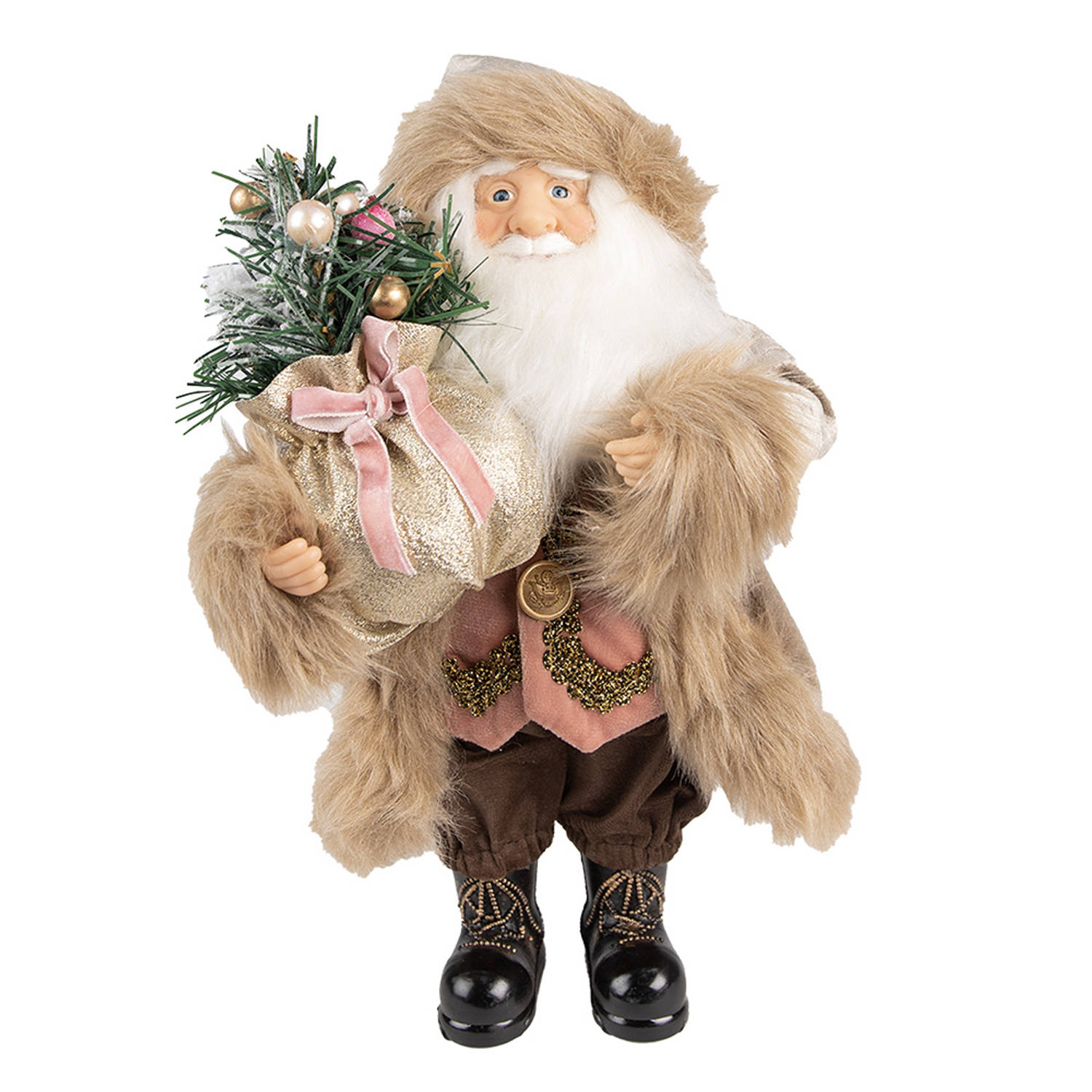 HAES DECO - Kerstman deco Figuur - Formaat 29x20x63 cm - Collectie: Traditional Santa - Kleur Beige - Materiaal Textiel op kunststof - Kerst Figuur, Kerstdecoratie