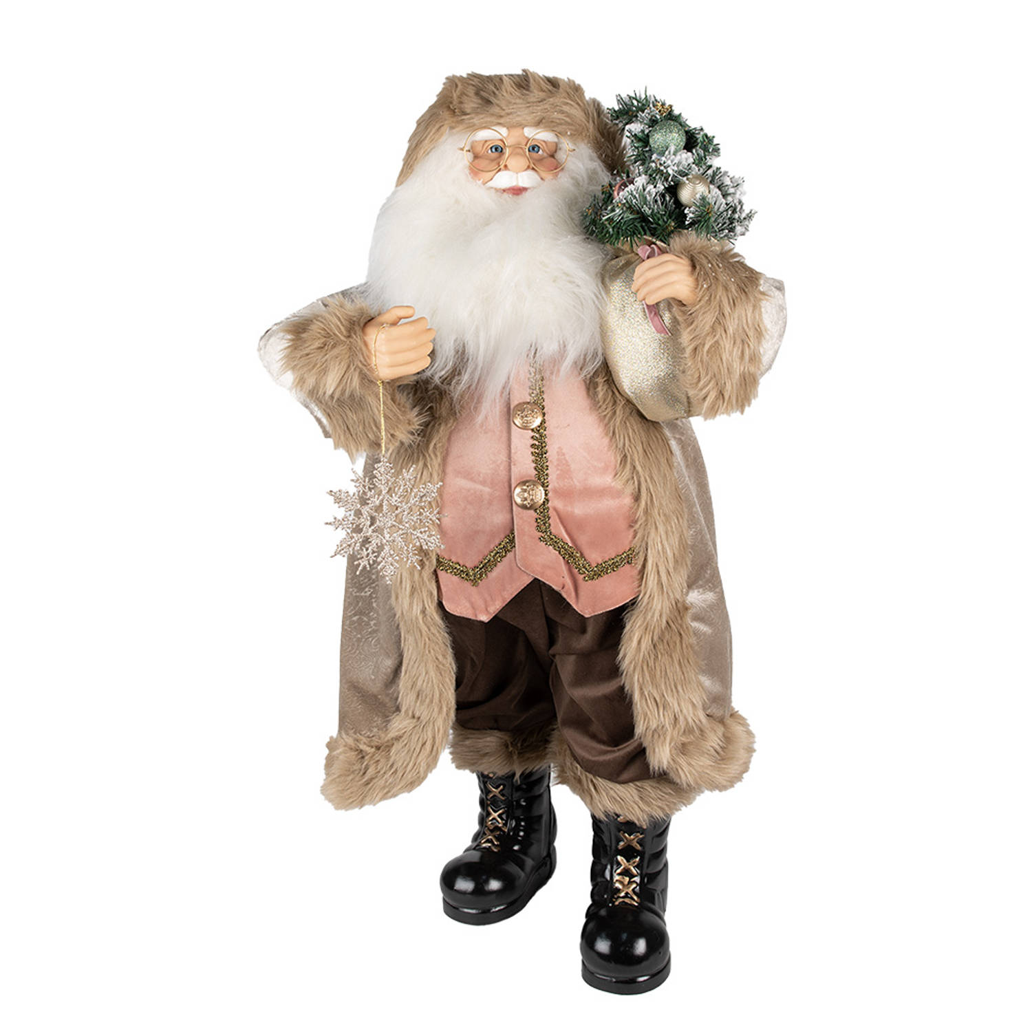 HAES DECO - Kerstman deco Figuur - Formaat 26x16x47 cm - Collectie: Traditional Santa - Kleur Beige - Materiaal Textiel op kunststof - Kerst Figuur, Kerstdecoratie