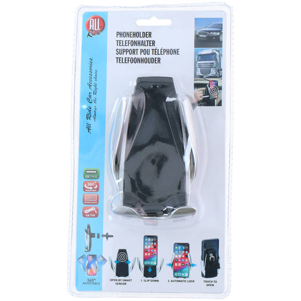 All Ride Auto Telefoonhouder en Qi Lader - Incl. USB-C Kabel 1 Meter - Autoventilatie Montage - Zwart/Grijs