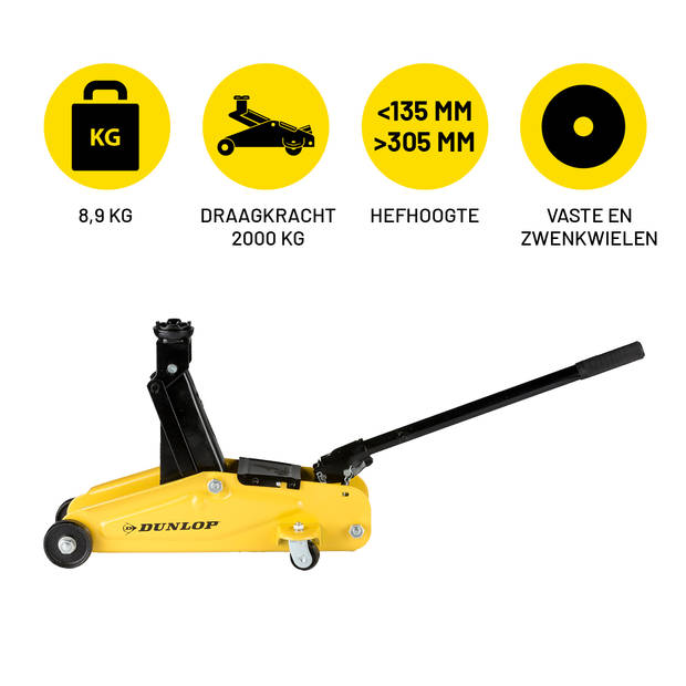 Dunlop Auto Krik - Autokrik 2 Ton Hefvermogen - Autokrik Hydraulisch - Garage Krik met Hefbereik 135-305 mm