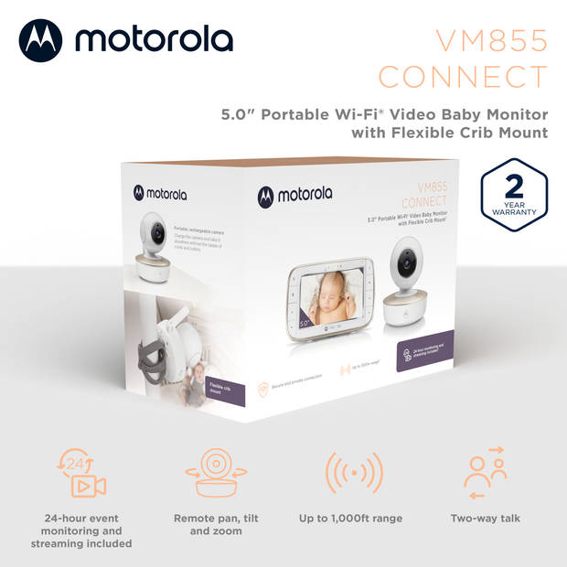 Motorola Nursery Baby Monitor - VM 855 Connect - Wit/Goud - met Motorola Nursery App - 5-inch Ouderunit - Nachtvisie