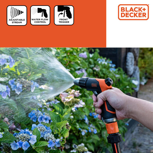 BLACK+DECKER Spuitpistool - Sproeikop voor Tuinslang - Aanpasbare Waterstroom - Zwart/Oranje
