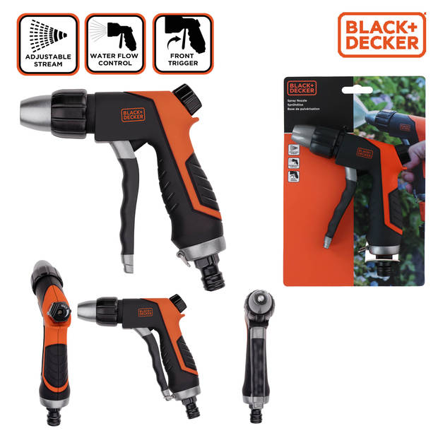 BLACK+DECKER Spuitpistool - Sproeikop voor Tuinslang - Aanpasbare Waterstroom - Zwart/Oranje