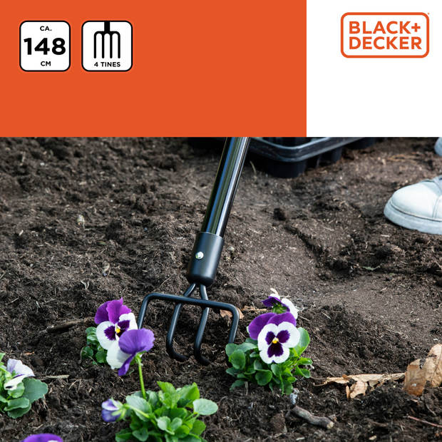 BLACK+DECKER Tuinhark 4-Tands - 148 x 12 x 10 CM - Koolstofstaal, Glasvezel en PVC - Oranje/Zwart