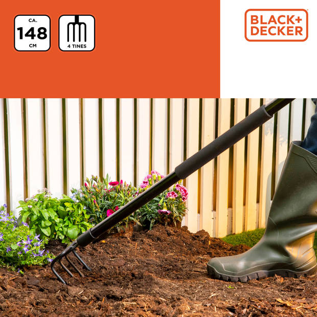 BLACK+DECKER Tuinhark 4-Tands - 148 x 12 x 10 CM - Koolstofstaal, Glasvezel en PVC - Oranje/Zwart