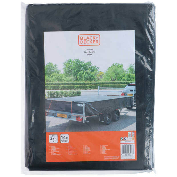 Black & Decker Afdekzeil/dekzeil voor aanhangers - zwart - waterdicht - kunststof 90 gr/m2 - 300 x 400 cm - Afdekzei