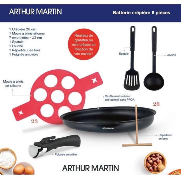 Arthur Martin AM5563 pannenkoekenpan met toebehoren - 28 cm Ø - aluminium - verwijderbare handgreep