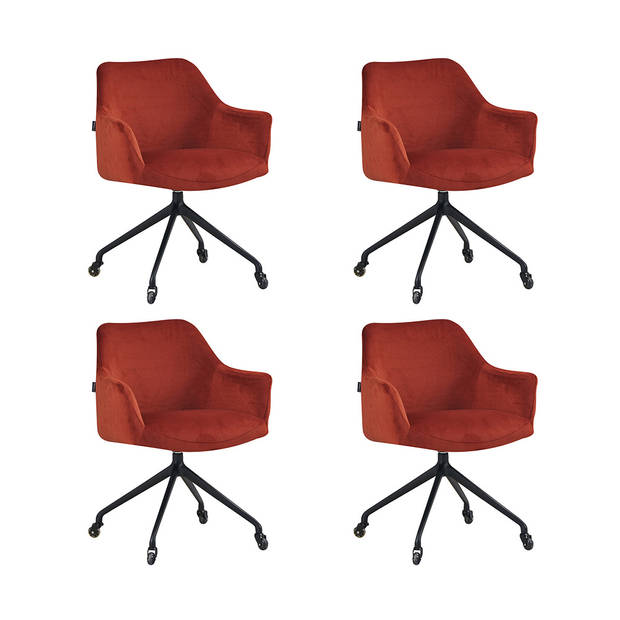 Bronx71 Eetkamerstoel met wieltjes Quinn koper velvet - Eetkamerstoelen set van 4.