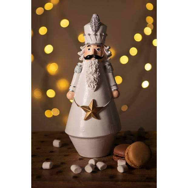 HAES DECO - Kerst Notenkraker Kleur Wit, 9x9x24 cm, Kerstfiguur - Kerstdecoratie