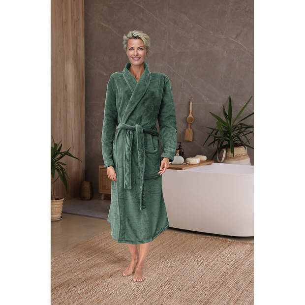 LINNICK Flanel Fleece Badjas Uni - olijf groen - XL