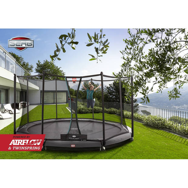 BERG Trampoline Champion met Veiligheidsnet - Safetynet Comfort - InGround - 430 cm - Grijs - met Airflow - Twinspring