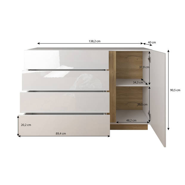 Meubella Dressoir Ashley - Wit - Eiken - 138 cm