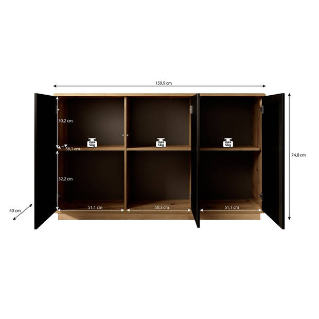 Meubella Dressoir Acuna - Mat zwart - Eiken - 160 cm