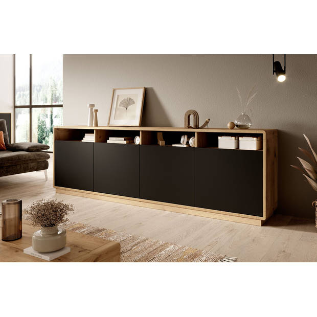 Meubella Dressoir Acuna - Mat zwart - Eiken - 238 cm