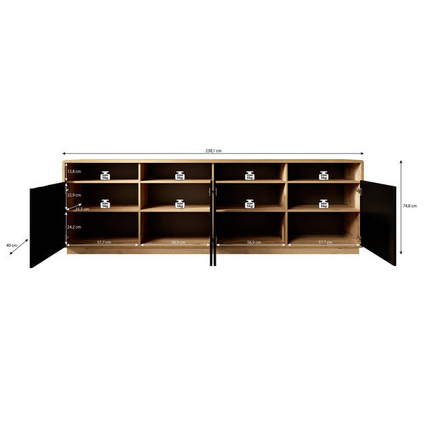 Meubella Dressoir Acuna - Mat zwart - Eiken - 238 cm