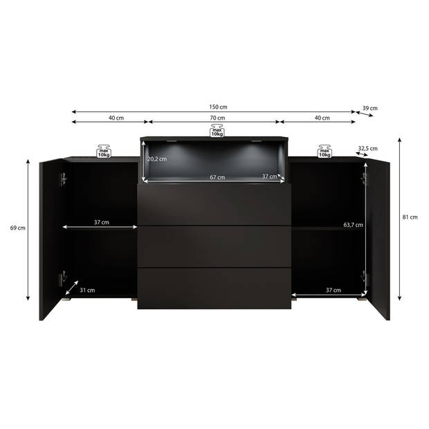 Meubella Dressoir Universal - Mat Zwart - 150 cm