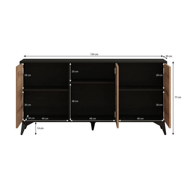 Meubella Dressoir Dolores - Eiken - Zwart - 154 cm