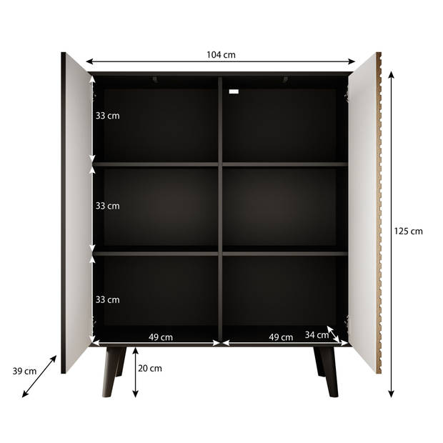 Meubella Dressoir Palladium - Eiken - Zwart - 104 cm - Hoog