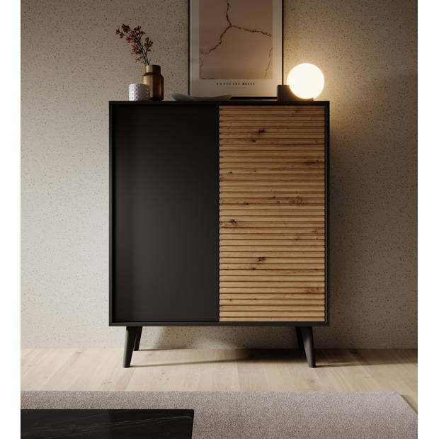 Meubella Dressoir Palladium - Eiken - Zwart - 104 cm - Hoog