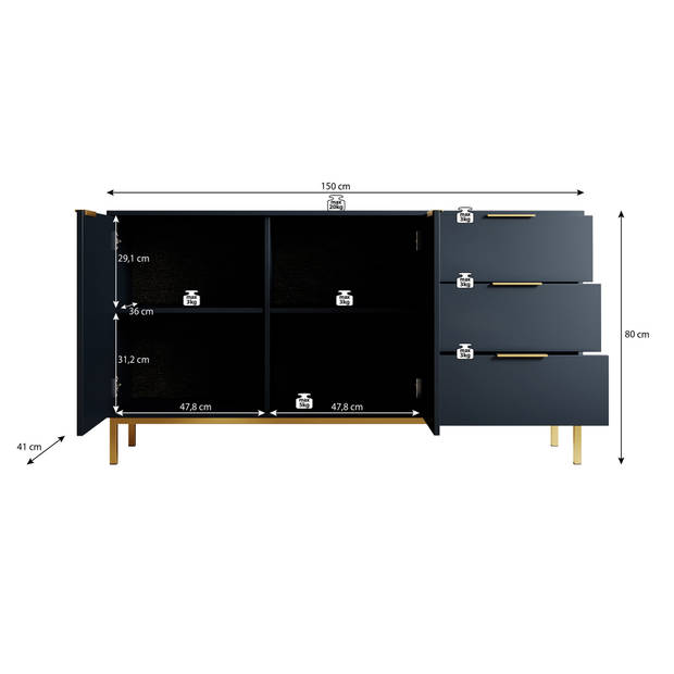 Meubella Dressoir Ponchi - Zwart eiken - 150 cm