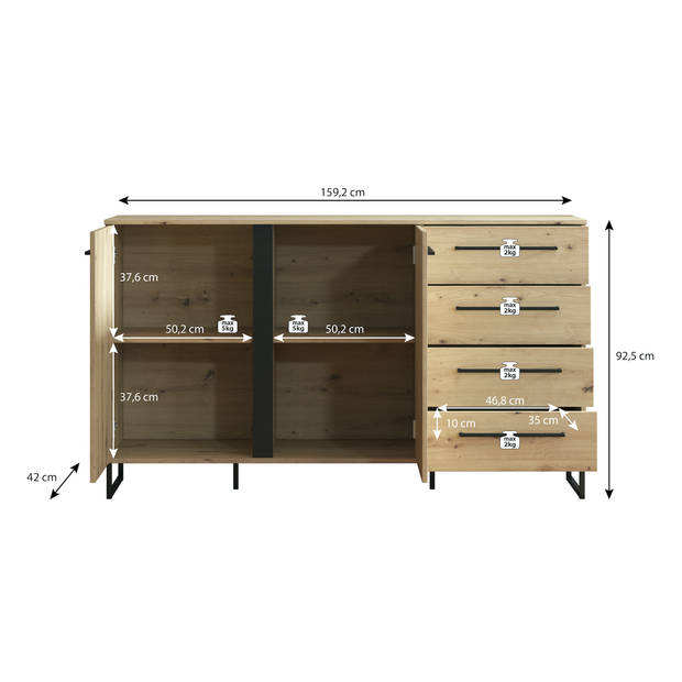 Meubella Dressoir Saturn - Eiken - Zwart - 159 cm