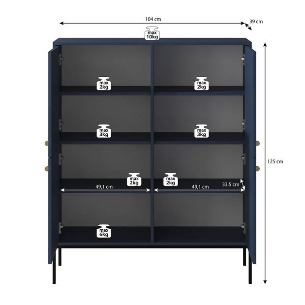 Meubella Dressoir Moreno - Blauw - 104 cm - Hoog