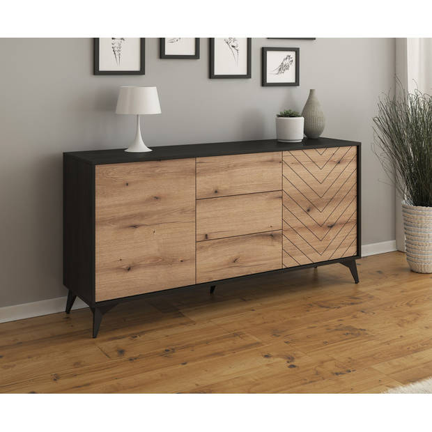 Meubella Dressoir Dolores - Eiken - Zwart - 154 cm - met lades