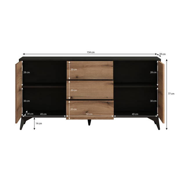 Meubella Dressoir Dolores - Eiken - Zwart - 154 cm - met lades