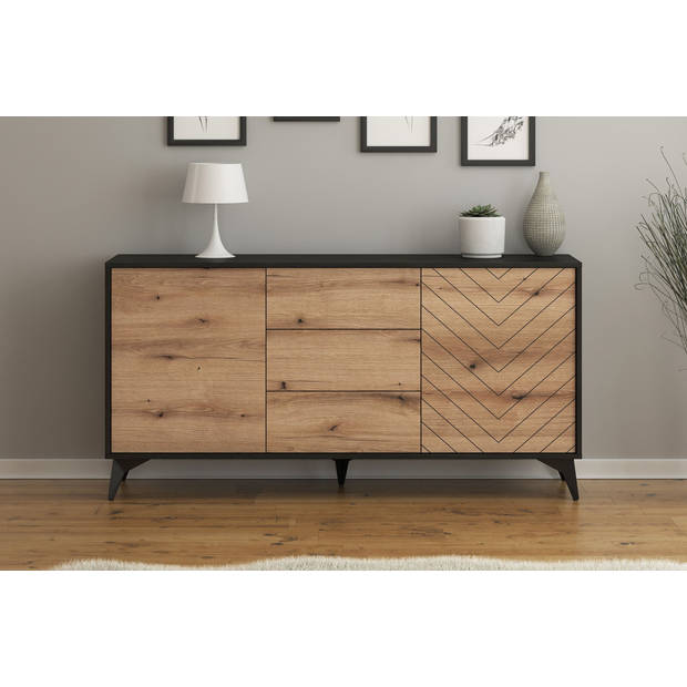 Meubella Dressoir Dolores - Eiken - Zwart - 154 cm - met lades