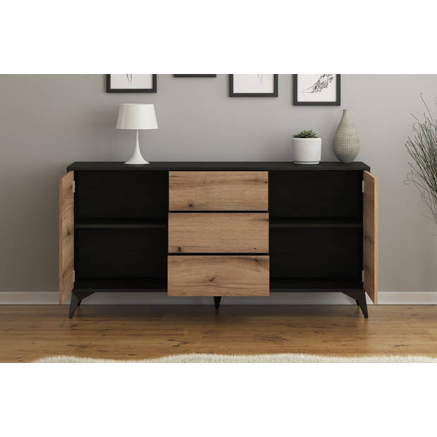 Meubella Dressoir Dolores - Eiken - Zwart - 154 cm - met lades